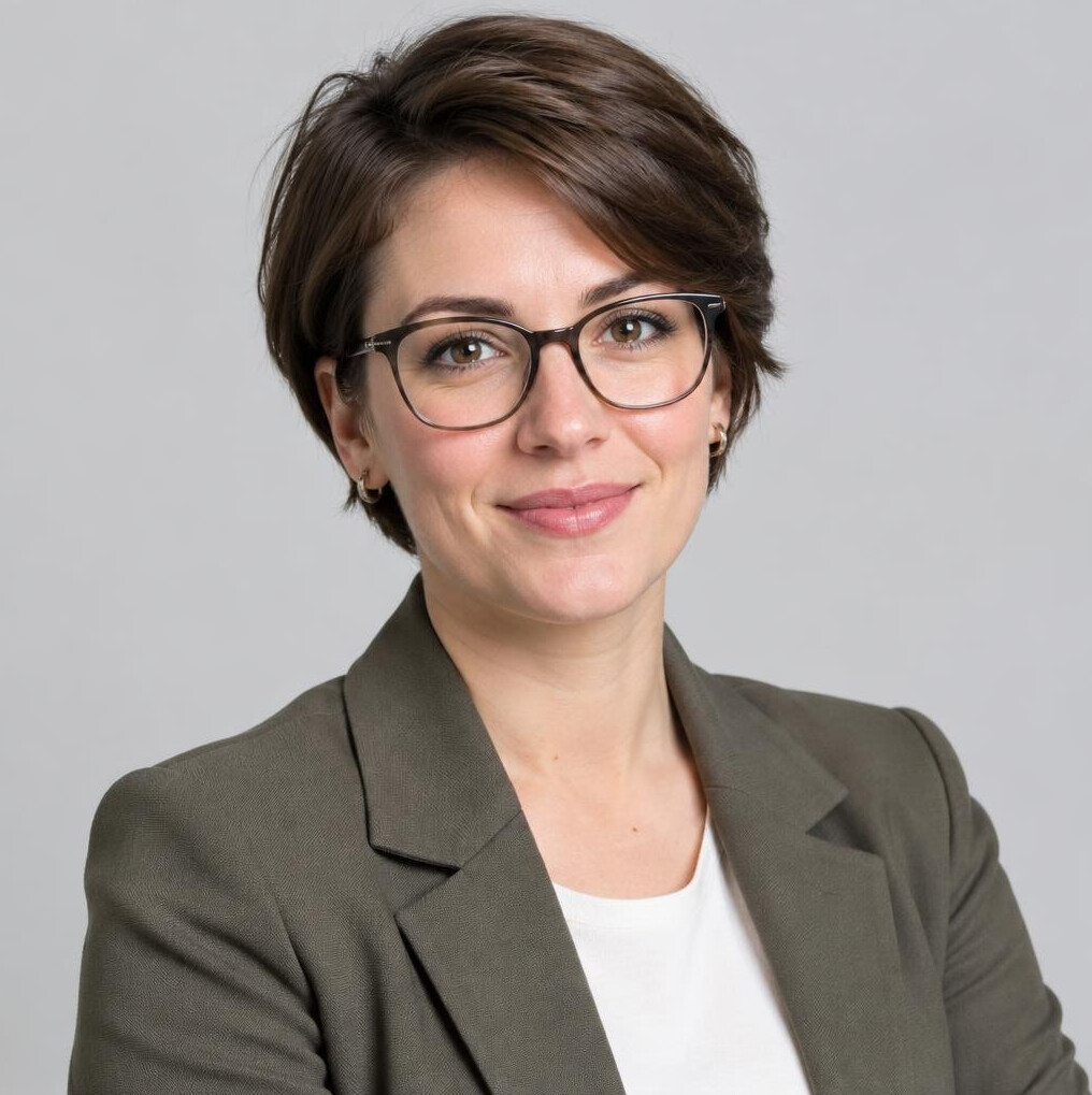 Studio portrait of a Croatian woman with glasses